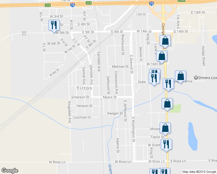 map of restaurants, bars, coffee shops, grocery stores, and more near 714 Dellwood Street in Tilton