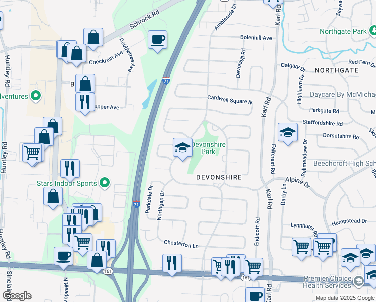 map of restaurants, bars, coffee shops, grocery stores, and more near 6286 Ambleside Drive in Columbus