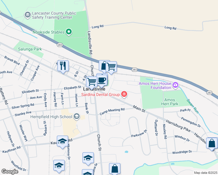 map of restaurants, bars, coffee shops, grocery stores, and more near 19 Elmwood Avenue in Landisville