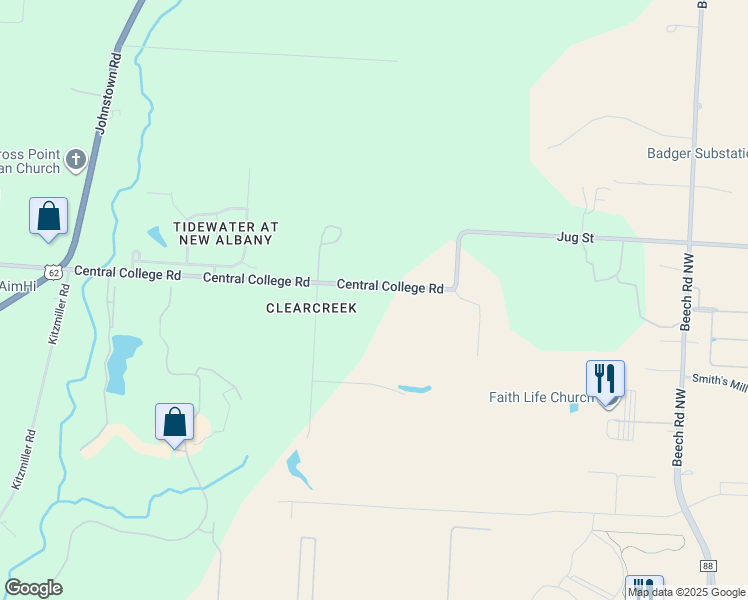 map of restaurants, bars, coffee shops, grocery stores, and more near 8293 Central College Road in New Albany