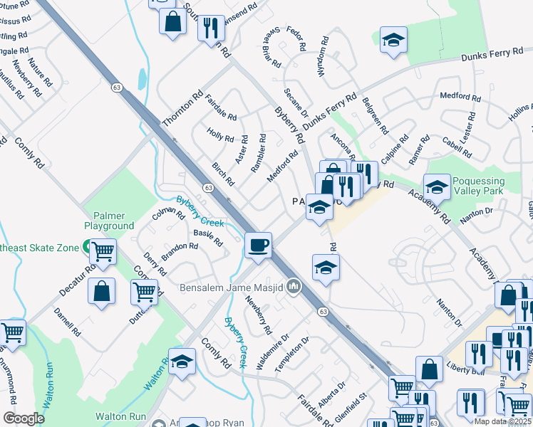 map of restaurants, bars, coffee shops, grocery stores, and more near 12121 Ranier Rd in Philadelphia