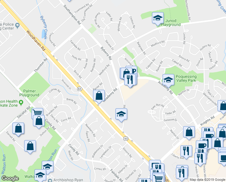 map of restaurants, bars, coffee shops, grocery stores, and more near 12130 Academy Road in Philadelphia