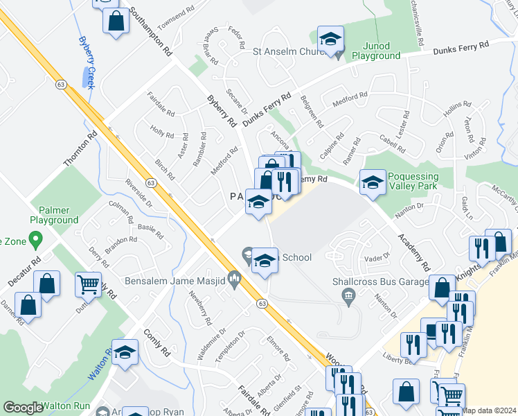 map of restaurants, bars, coffee shops, grocery stores, and more near 12135 Academy Road in Philadelphia