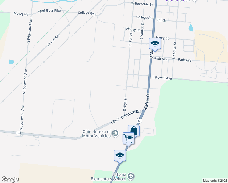 map of restaurants, bars, coffee shops, grocery stores, and more near 9 W Broadway St in Urbana