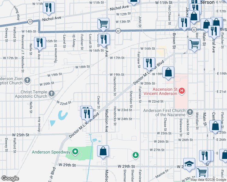 map of restaurants, bars, coffee shops, grocery stores, and more near 810 Doctor Martin Luther King Junior Boulevard in Anderson