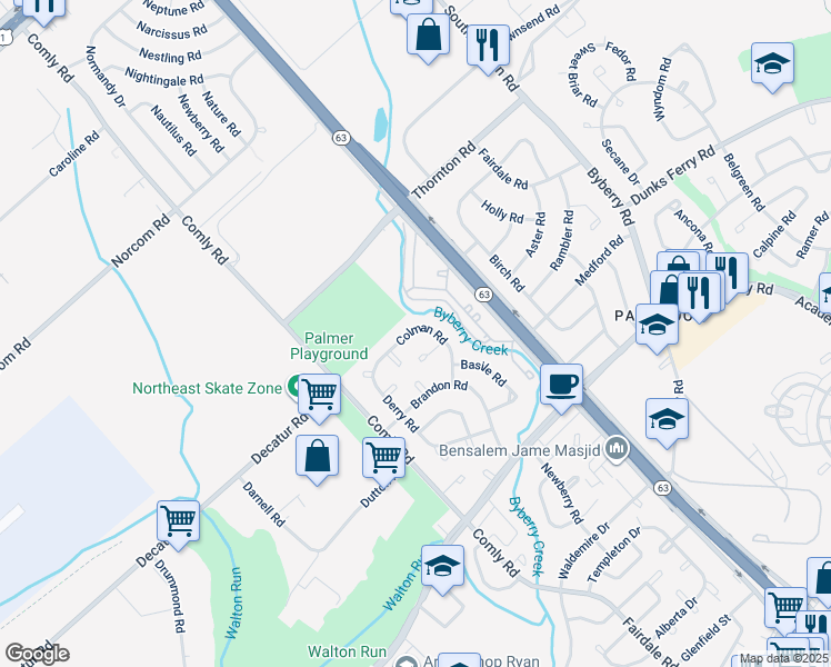 map of restaurants, bars, coffee shops, grocery stores, and more near 11757 Colman Road in Philadelphia
