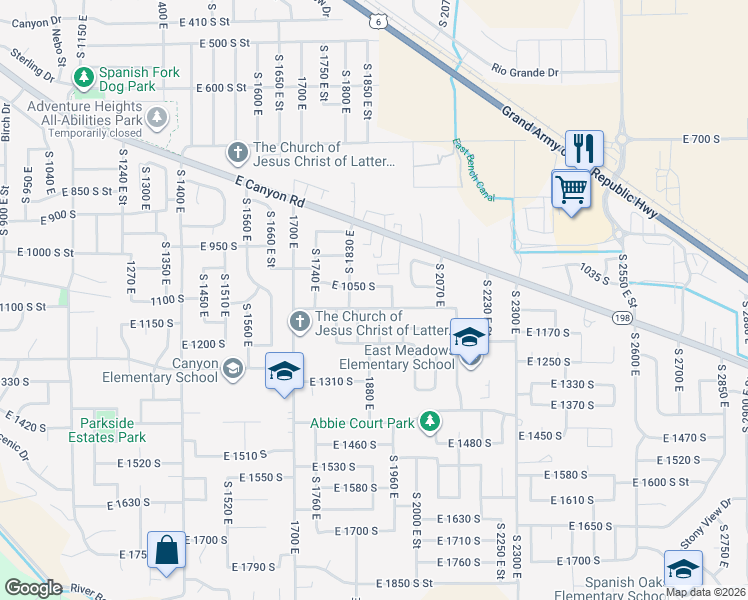 map of restaurants, bars, coffee shops, grocery stores, and more near 1138 South 1920 East in Spanish Fork