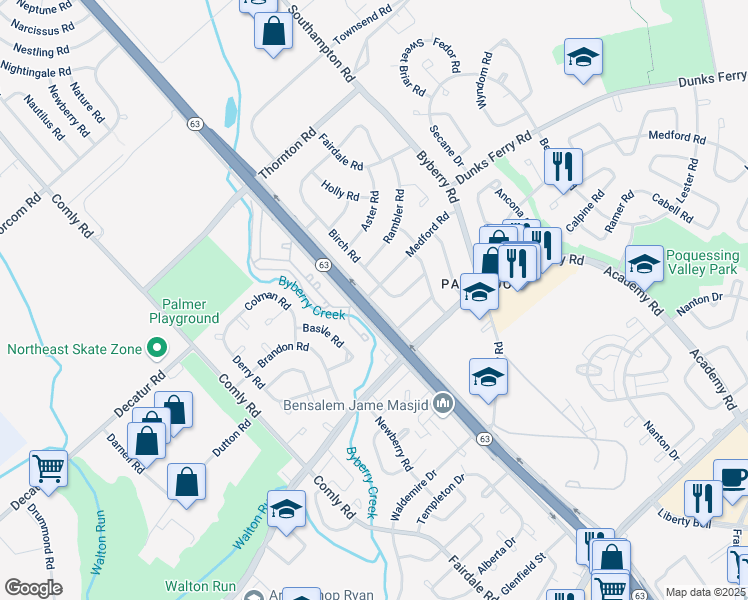 map of restaurants, bars, coffee shops, grocery stores, and more near 12001 Medford Road in Philadelphia