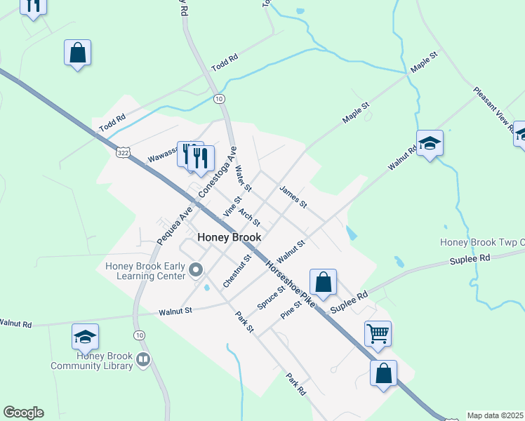 map of restaurants, bars, coffee shops, grocery stores, and more near 636 Maple Street in Honey Brook