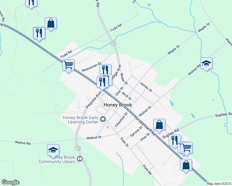 map of restaurants, bars, coffee shops, grocery stores, and more near in Honey Brook