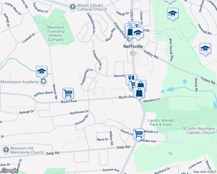 map of restaurants, bars, coffee shops, grocery stores, and more near 363 Cobblestone Lane in Lancaster