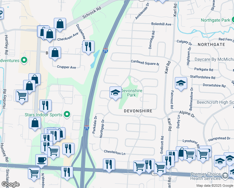 map of restaurants, bars, coffee shops, grocery stores, and more near 6286 Ambleside Drive in Columbus