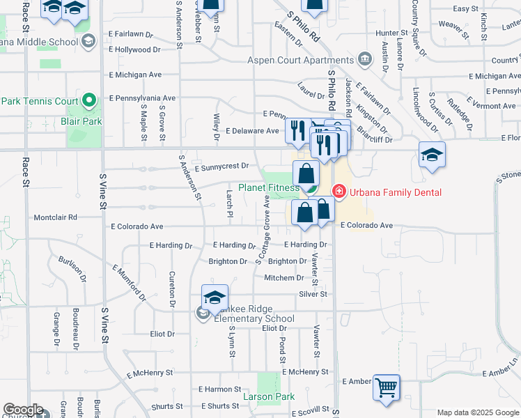 map of restaurants, bars, coffee shops, grocery stores, and more near 1002B East Colorado Avenue in Urbana