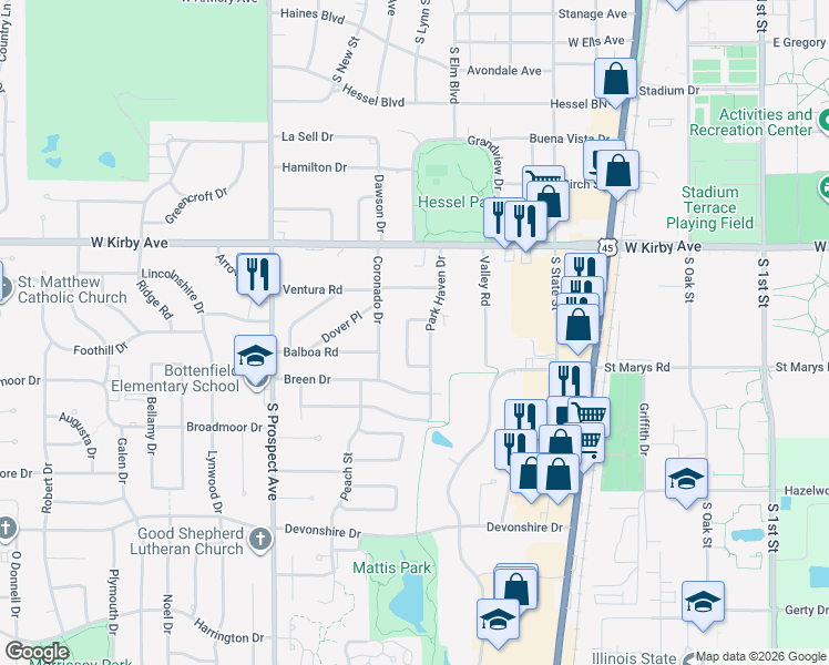 map of restaurants, bars, coffee shops, grocery stores, and more near 1727 Westhaven Drive in Champaign