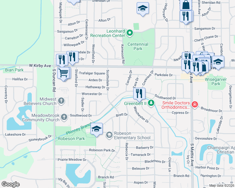 map of restaurants, bars, coffee shops, grocery stores, and more near 2410 Southwood Drive in Champaign