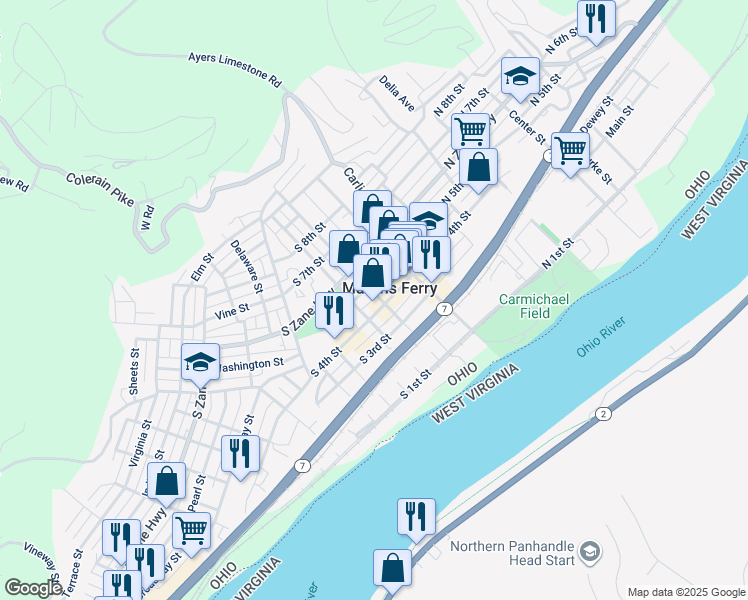 map of restaurants, bars, coffee shops, grocery stores, and more near 115 South 4th Street in Martins Ferry