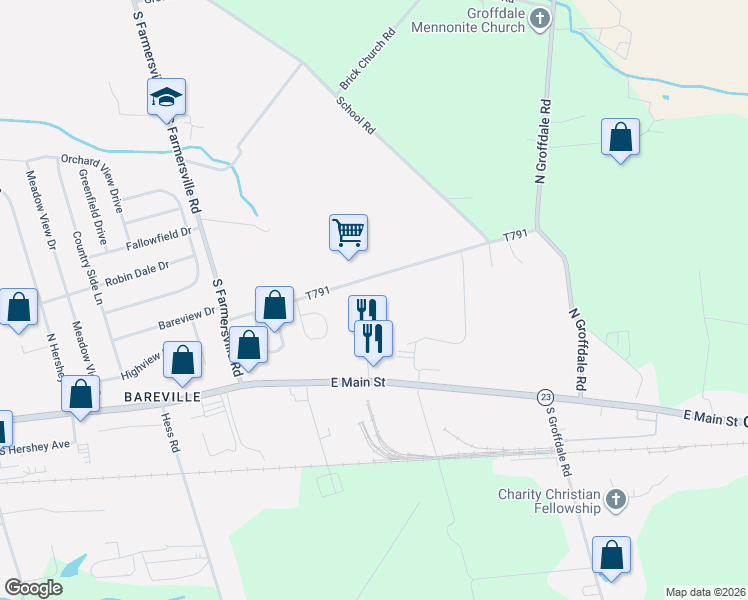 map of restaurants, bars, coffee shops, grocery stores, and more near 176 Butter Road in Leacock-Leola-Bareville