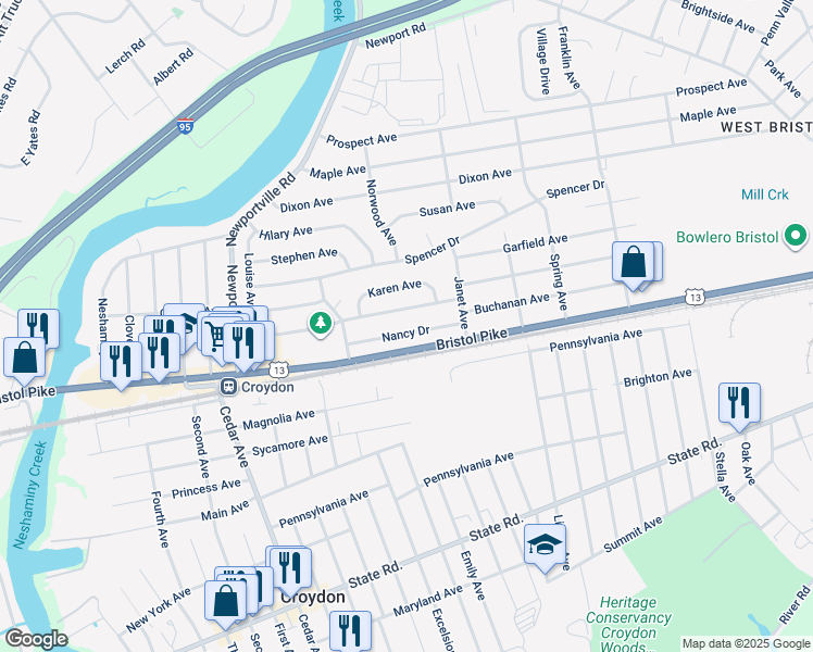 map of restaurants, bars, coffee shops, grocery stores, and more near 1405 Nancy Drive in Croydon