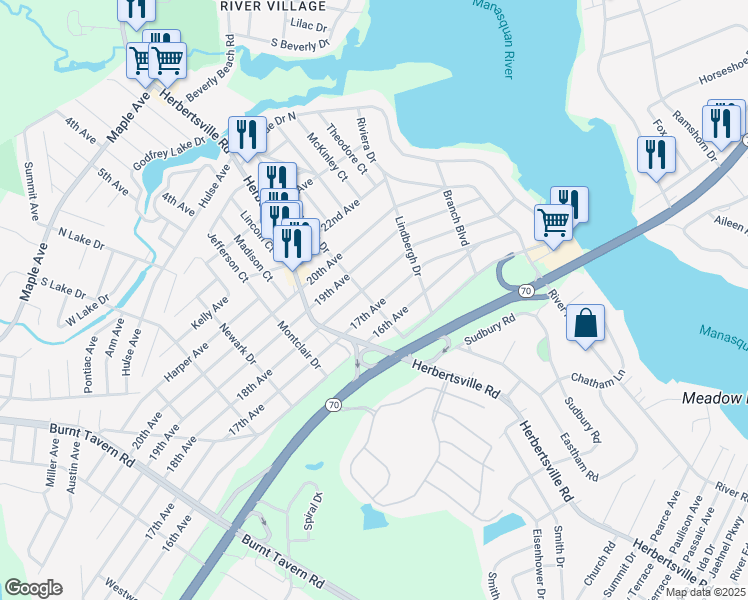 map of restaurants, bars, coffee shops, grocery stores, and more near 241 16th Avenue in Brick Township