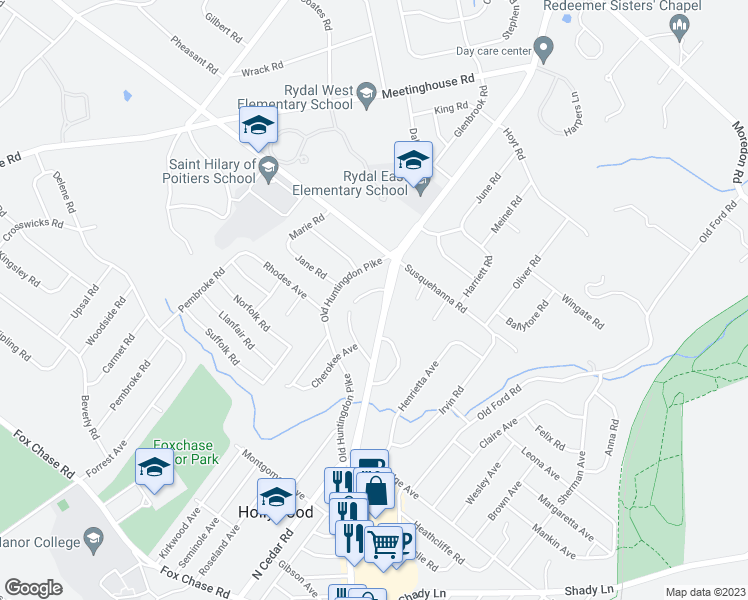 map of restaurants, bars, coffee shops, grocery stores, and more near 1054 Huntingdon Pike in Huntingdon Valley
