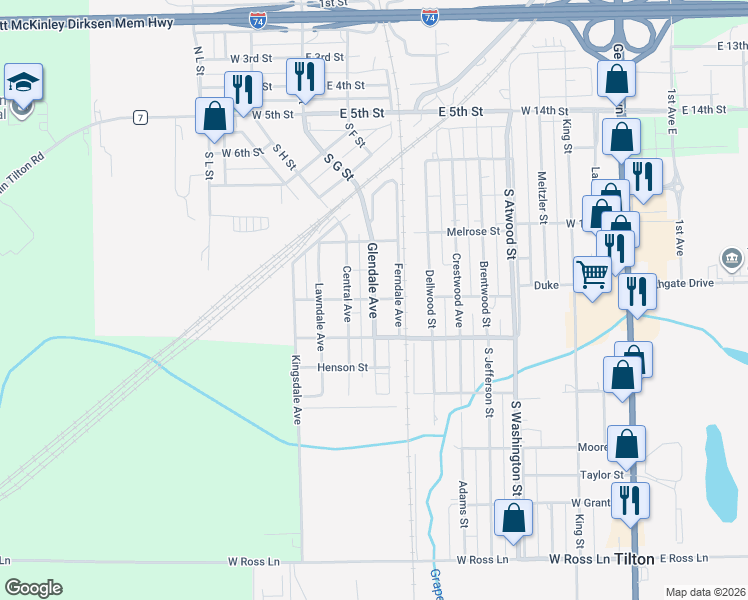 map of restaurants, bars, coffee shops, grocery stores, and more near 801 Glendale Avenue in Tilton