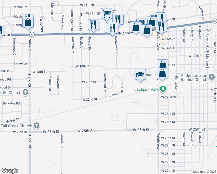 map of restaurants, bars, coffee shops, grocery stores, and more near 2112 Kerrwood Drive in Anderson