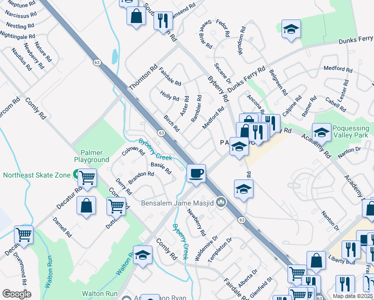 map of restaurants, bars, coffee shops, grocery stores, and more near 12001 Medford Road in Philadelphia