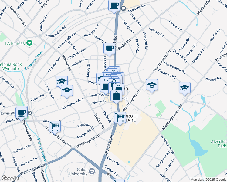 map of restaurants, bars, coffee shops, grocery stores, and more near 720 Greenwood Avenue in Jenkintown