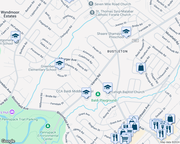 map of restaurants, bars, coffee shops, grocery stores, and more near 732 Alburger Avenue in Philadelphia