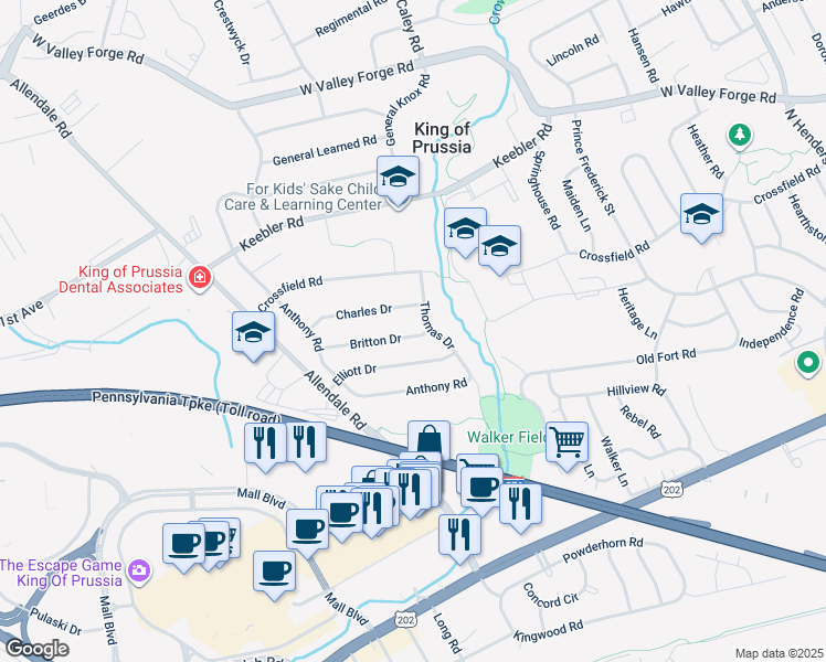 map of restaurants, bars, coffee shops, grocery stores, and more near 509 Britton Drive in King of Prussia