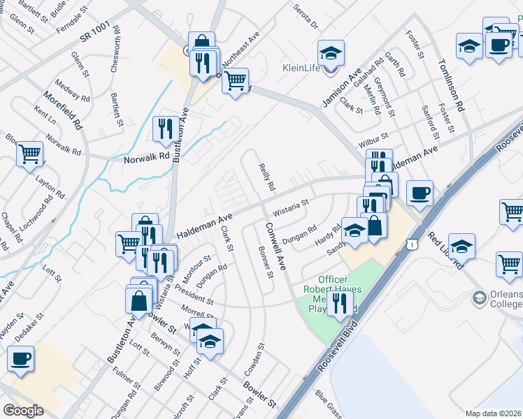 map of restaurants, bars, coffee shops, grocery stores, and more near 9888 Wistaria Street in Philadelphia