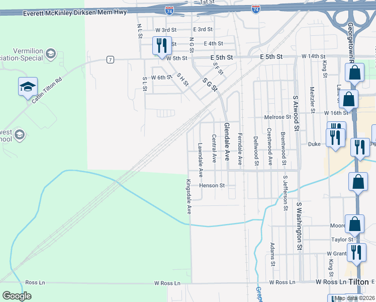 map of restaurants, bars, coffee shops, grocery stores, and more near 798 Kingsdale Avenue in Tilton