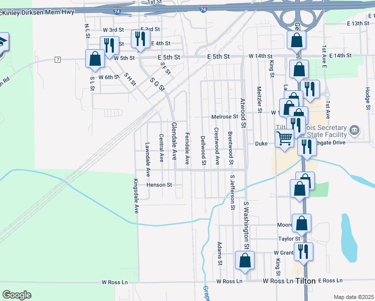 map of restaurants, bars, coffee shops, grocery stores, and more near 800 Ferndale Avenue in Tilton