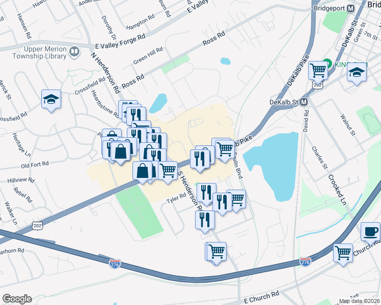 map of restaurants, bars, coffee shops, grocery stores, and more near 138 East Dekalb Pike in King of Prussia