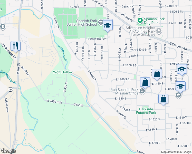 map of restaurants, bars, coffee shops, grocery stores, and more near 715 Scenic Drive in Spanish Fork
