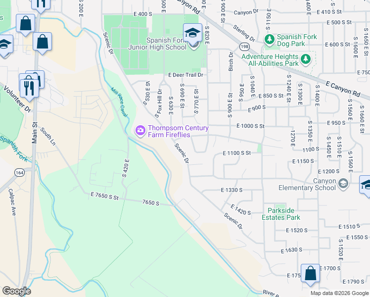 map of restaurants, bars, coffee shops, grocery stores, and more near 715 Scenic Drive in Spanish Fork