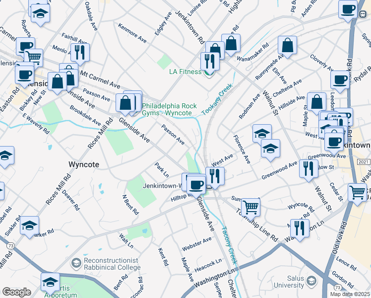 map of restaurants, bars, coffee shops, grocery stores, and more near 6 South Avenue in Wyncote