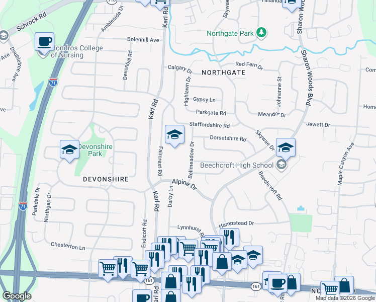 map of restaurants, bars, coffee shops, grocery stores, and more near 6245 Bellmeadow Drive in Columbus