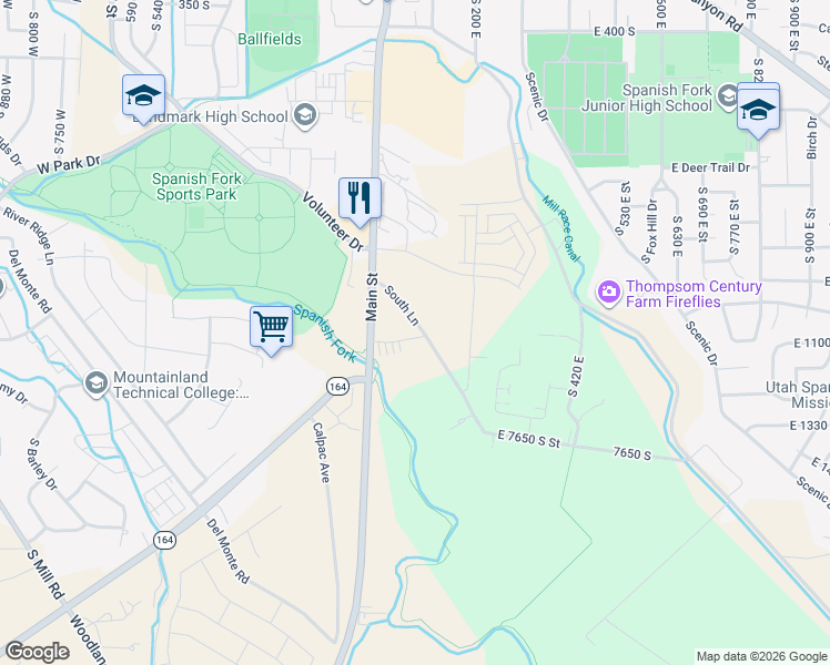 map of restaurants, bars, coffee shops, grocery stores, and more near 7464 South Lane in Spanish Fork