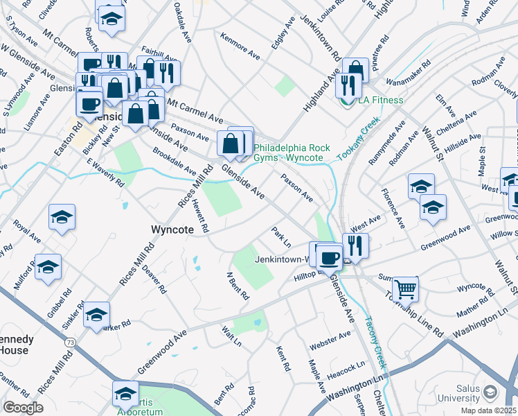 map of restaurants, bars, coffee shops, grocery stores, and more near 103 Waverly Road in Wyncote