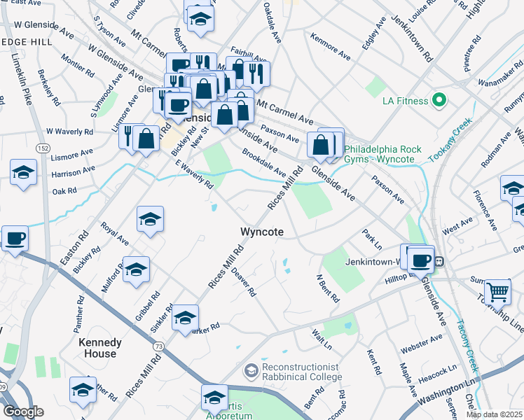 map of restaurants, bars, coffee shops, grocery stores, and more near 120 Rices Mill Road in Wyncote