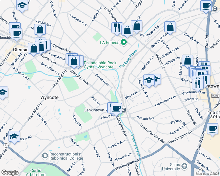 map of restaurants, bars, coffee shops, grocery stores, and more near 6 South Avenue in Wyncote
