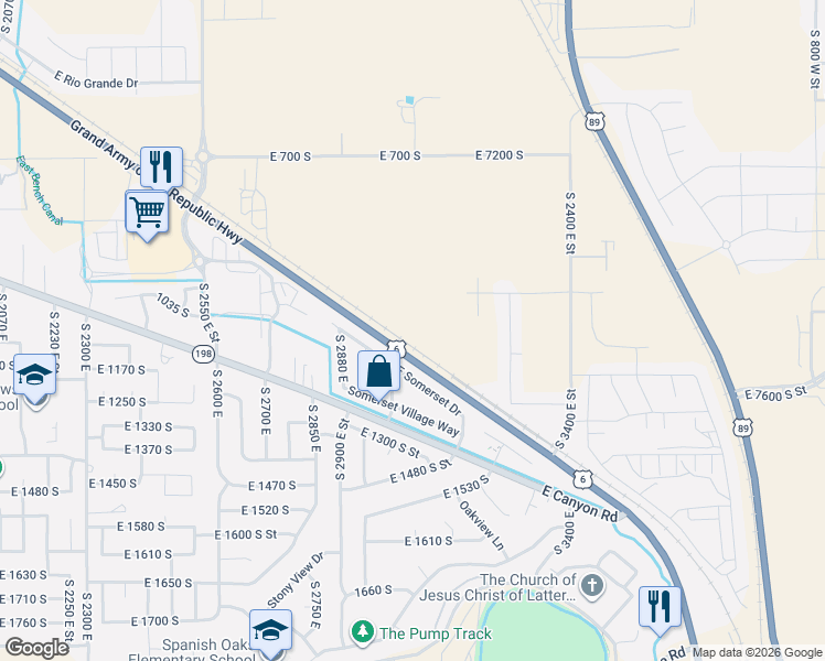 map of restaurants, bars, coffee shops, grocery stores, and more near 2961 East Somerset Drive in Spanish Fork