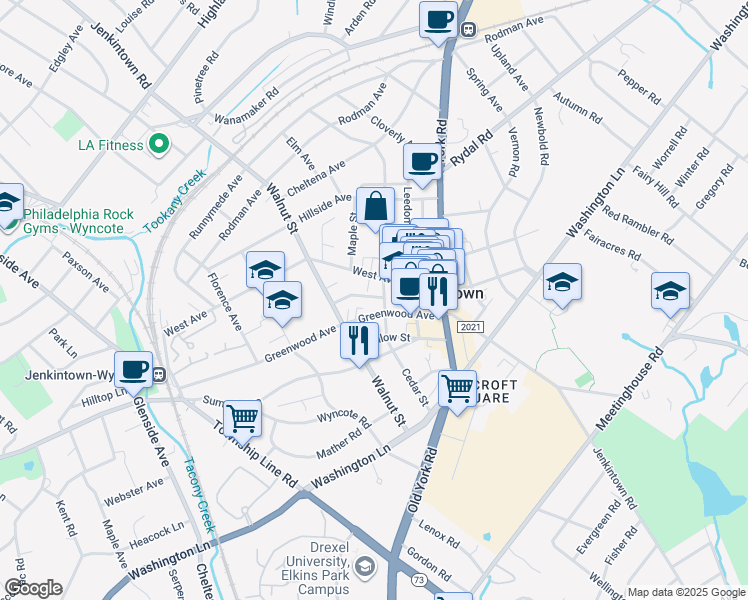 map of restaurants, bars, coffee shops, grocery stores, and more near 518 1/2 Greenwood Avenue in Jenkintown