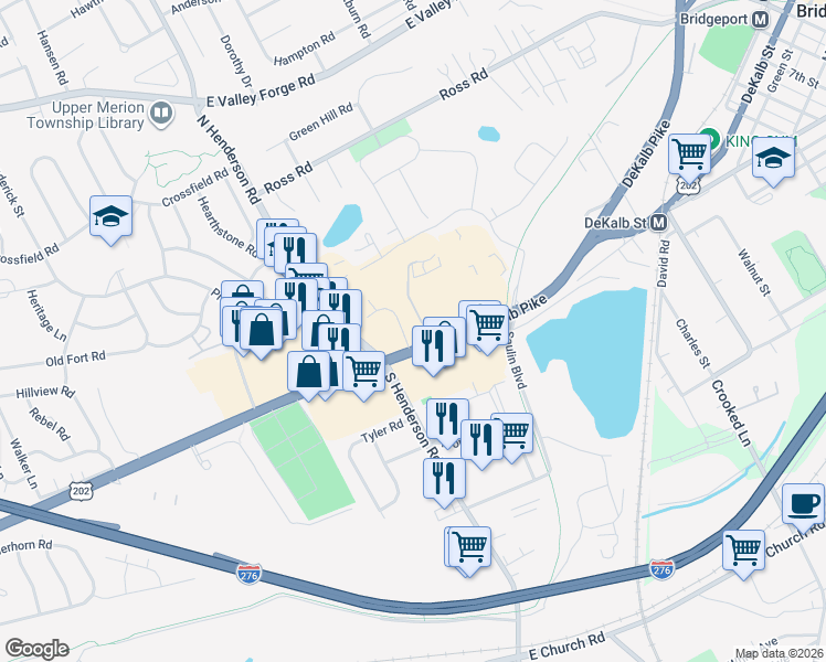 map of restaurants, bars, coffee shops, grocery stores, and more near 138 East Dekalb Pike in King of Prussia