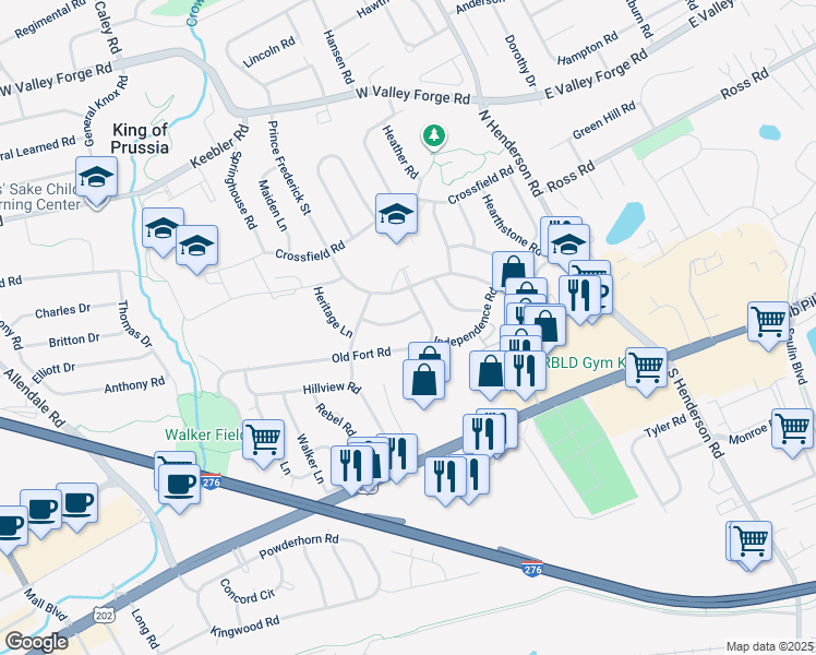 map of restaurants, bars, coffee shops, grocery stores, and more near 357 Heritage Lane in King of Prussia