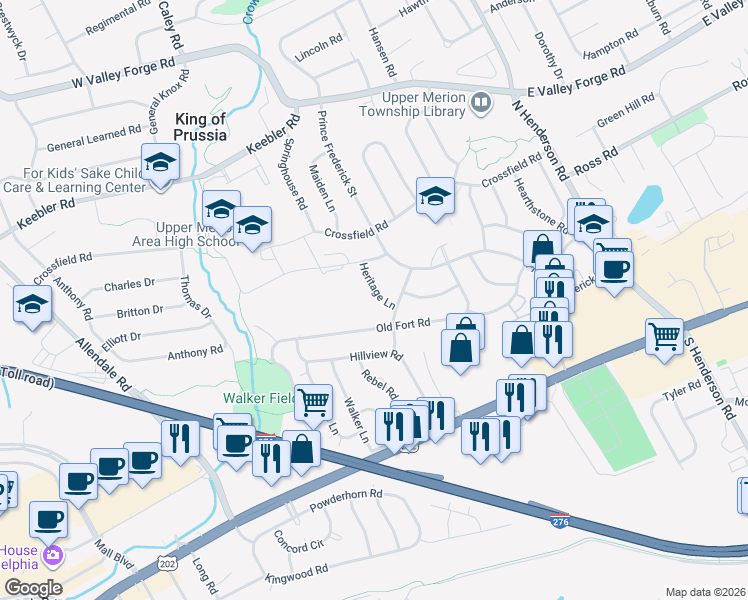 map of restaurants, bars, coffee shops, grocery stores, and more near 418 Old Fort Road in King of Prussia