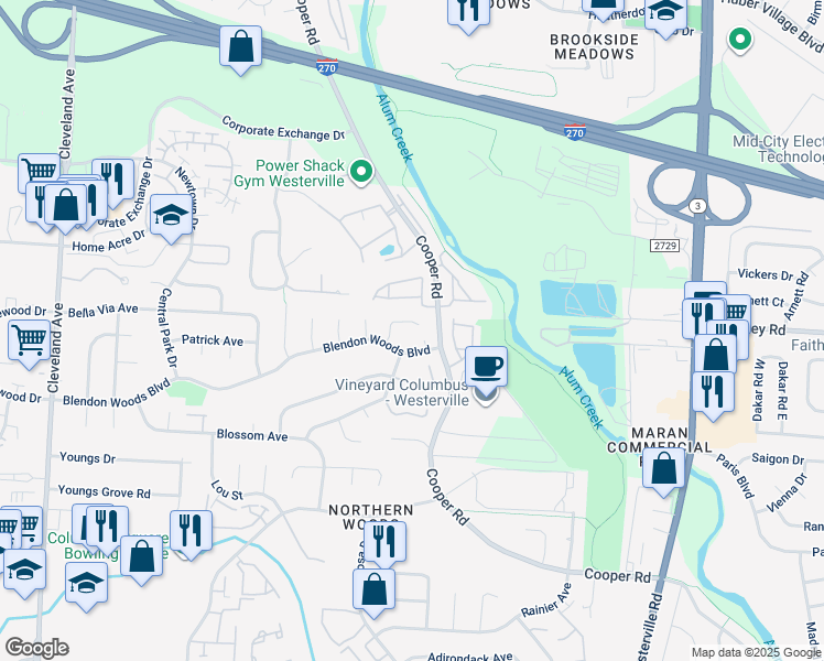 map of restaurants, bars, coffee shops, grocery stores, and more near 3036 Blendon Woods Boulevard in Columbus