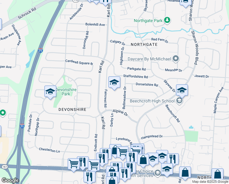 map of restaurants, bars, coffee shops, grocery stores, and more near 1590 Alpine Drive in Columbus