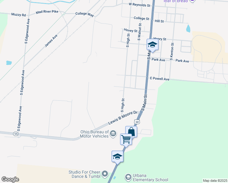 map of restaurants, bars, coffee shops, grocery stores, and more near 9 W Broadway St in Urbana